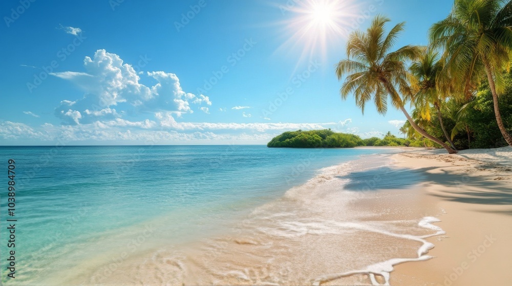 Serene tropical beach with clear turquoise water and swaying palm trees under bright sunlight Serene tropical beach with clear turquoise water and swaying palm trees under bright sunlight