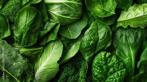 An overhead view showing a variety of fresh green leafy vegetables, offering a vibrant and healthy appeal, perfect for culinary and nutrition concepts.