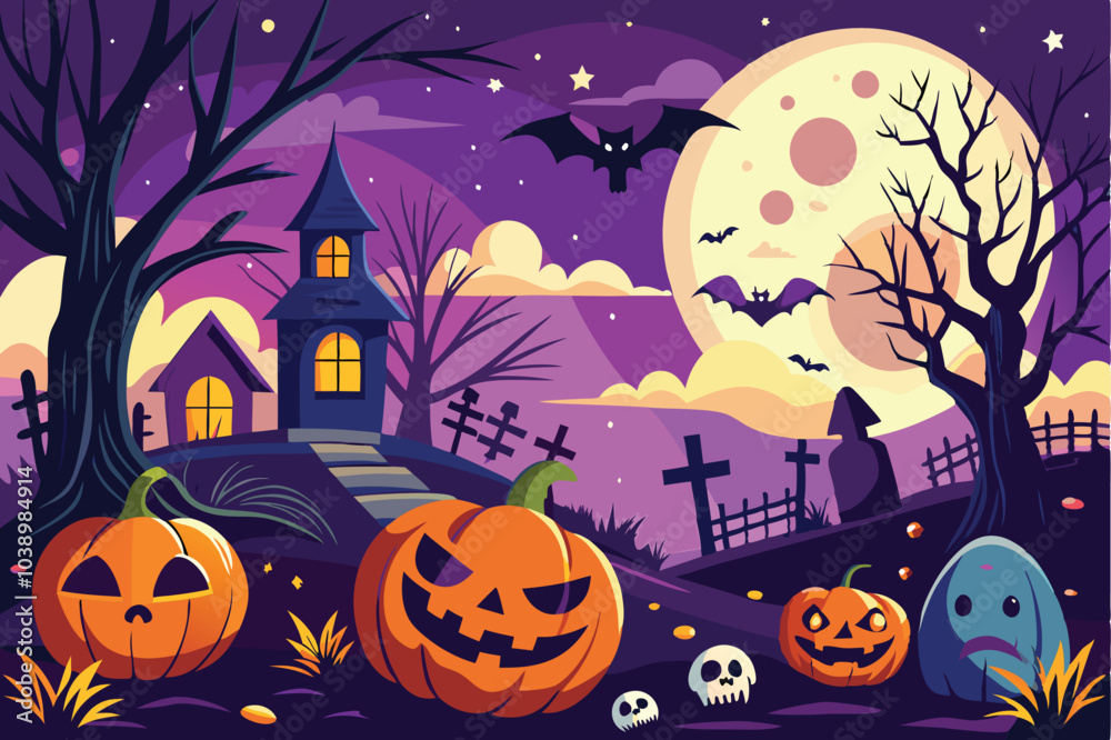 Fototapeta premium Spooky Halloween Night Scene with JackoLanterns