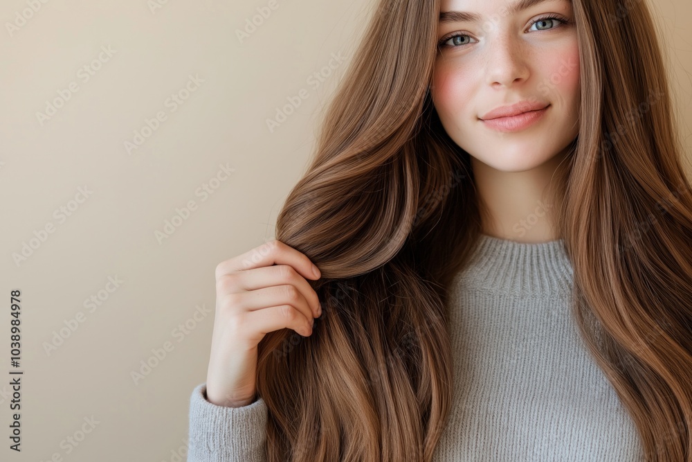 Girl with long chestnut hair gently running fingers through her hair holding a hair care bottle in warm light Girl with long chestnut hair gently running fingers through her hair holding a hair care bottle in warm light