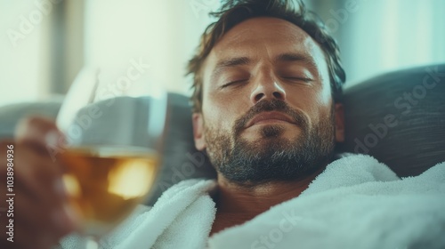 A content man in a bathrobe comprehensively relaxes with a drink, capturing a moment of peace and unwinding, sunglasses shading his closed eyes from light.