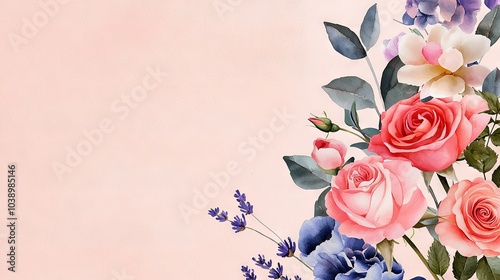  A vibrant painting of pink, blue, and white flowers set against a soft pink backdrop, featuring space for a personalized name