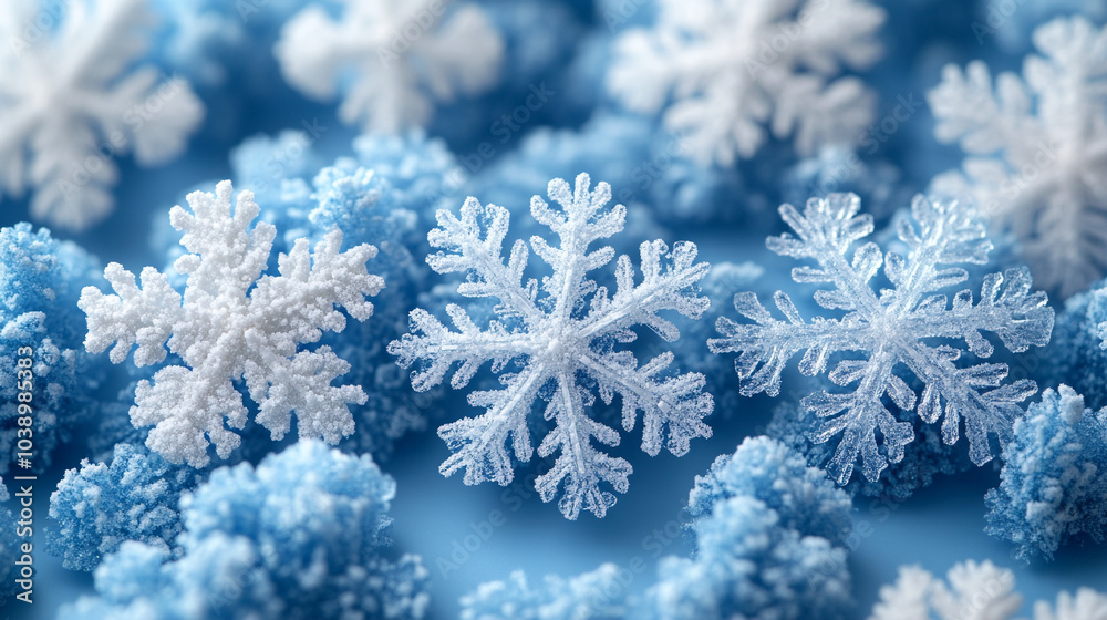 White snowflakes on a plain blue background highlighting their SEAMLESS symmetrical patterns White snowflakes on a plain blue background highlighting their SEAMLESS symmetrical patterns