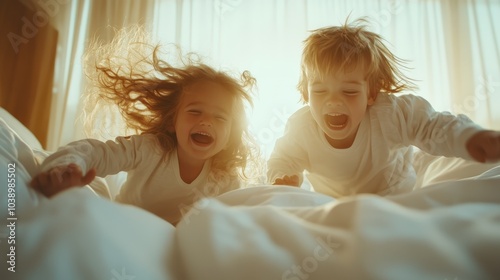 Two young children in white pajamas jump on a bed, their faces full of excitement and joy, with sunlight streaming through the curtains creating a bright morning atmosphere. photo