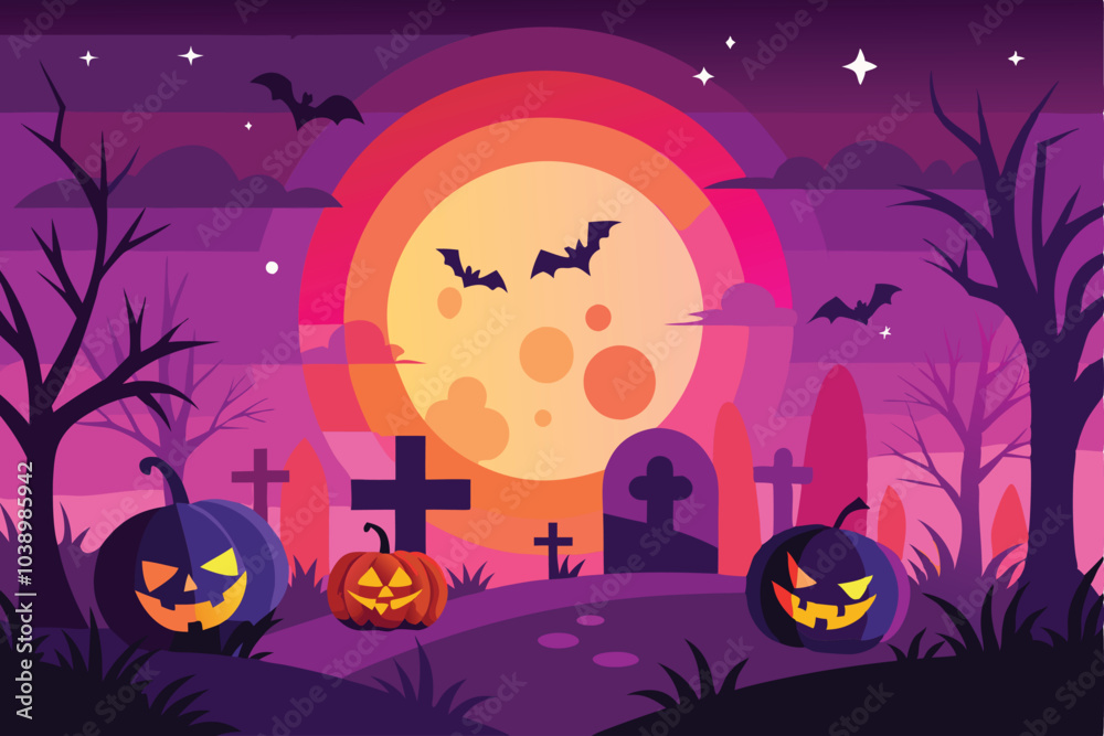 Fototapeta premium Spooky Halloween Night Cemetery Full Moon Bats