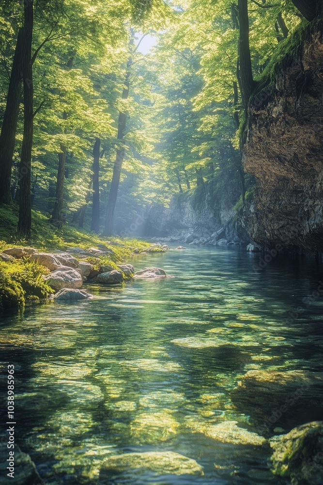 Serene wooded landscape with a gentle stream reflecting sunlight in a tranquil forest Serene wooded landscape with a gentle stream reflecting sunlight in a tranquil forest