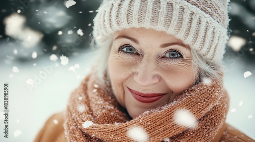 an elderly woman smiling warmly, wearing a knitted beanie, a fluffy scarf, and a winter coat. She is outdoors in a snowy park, 