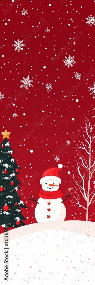 A cheerful snowman stands on a snowy hill with a Christmas tree and snowflakes falling softly A cheerful snowman stands on a snowy hill with a Christmas tree and snowflakes falling softly