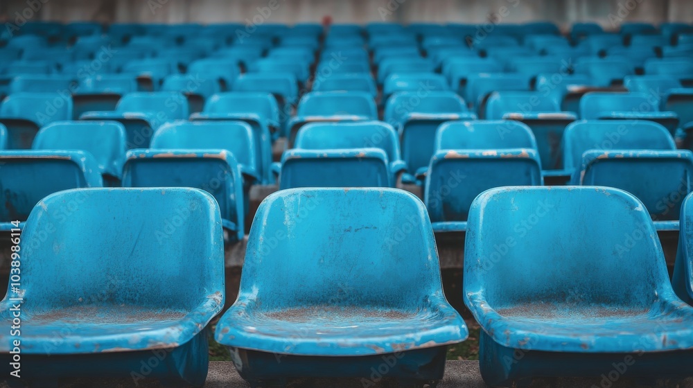 Blue stadium seats arranged in rows at a sports venue ready for upcoming event Blue stadium seats arranged in rows at a sports venue ready for upcoming event