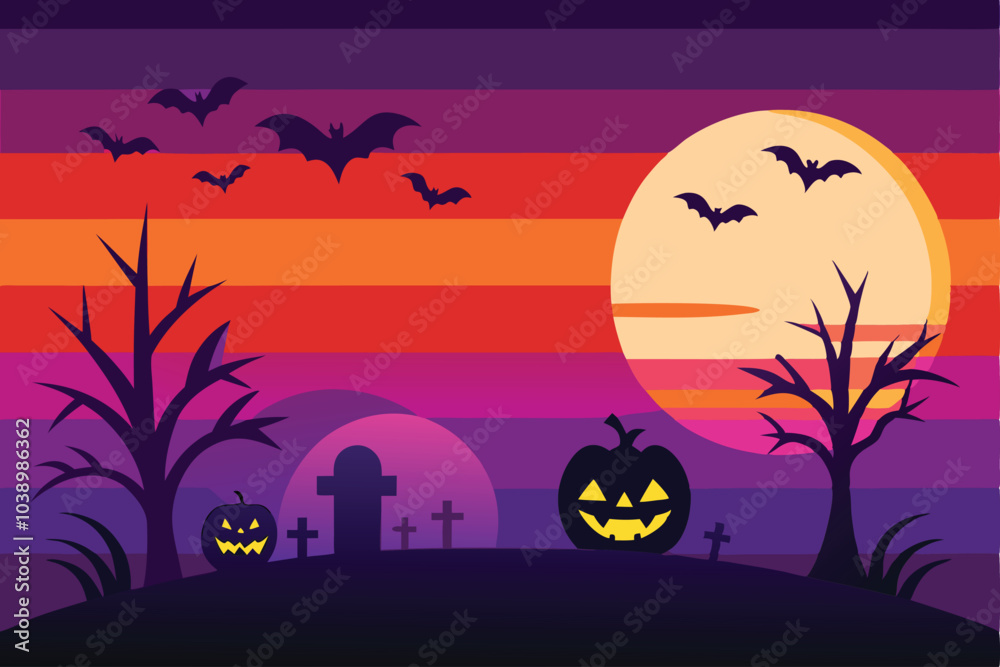 Halloween Night Scene with Bats, Moon and Pumpkins Halloween Night Scene with Bats, Moon and Pumpkins