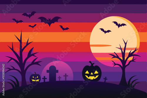 Halloween Night Scene with Bats, Moon and Pumpkins