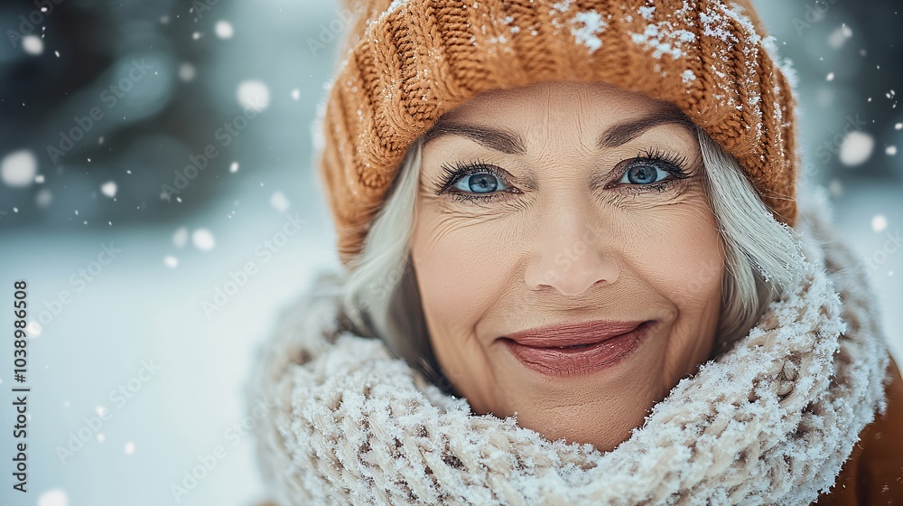 an elderly woman smiling warmly, wearing a knitted beanie, a fluffy scarf, and a winter coat. She is outdoors in a snowy park, 