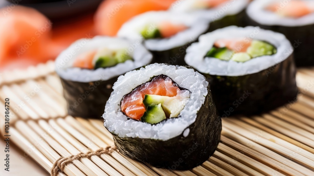 Close-Up of Fresh Sushi Rolls with Salmon, Avocado, and Cucumber on Bamboo Mat Close-Up of Fresh Sushi Rolls with Salmon, Avocado, and Cucumber on Bamboo Mat