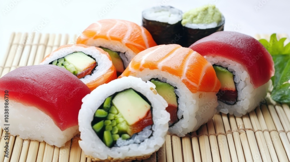 Close-Up of Fresh Sushi Rolls with Salmon, Avocado, and Cucumber on Bamboo Mat Close-Up of Fresh Sushi Rolls with Salmon, Avocado, and Cucumber on Bamboo Mat