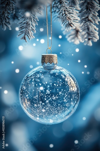 Christmas ornament in a glass ball with snowflakes on a fuzzy blue background