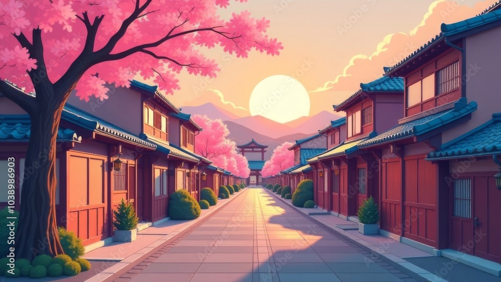 Obraz premium Serene japanese street at sunset with cherry blossoms and traditional architecture