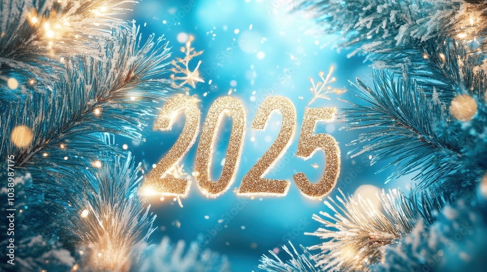 Sparkling New Year 2025 Celebration with Snowy Pine Branches