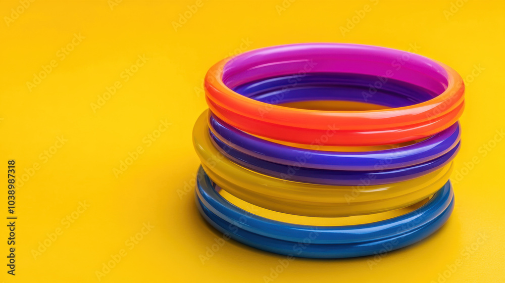 Colorful Bracelets on Bright Yellow Background Colorful Bracelets on Bright Yellow Background