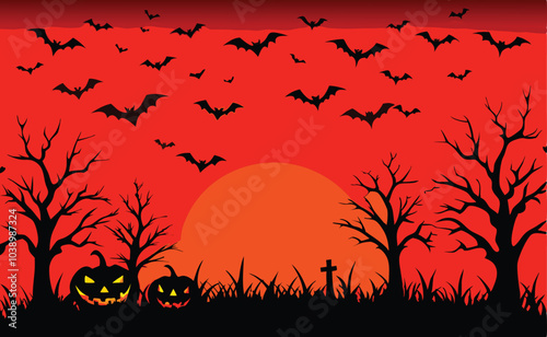 Spooky Halloween Sunset With Bats And JackOLanterns