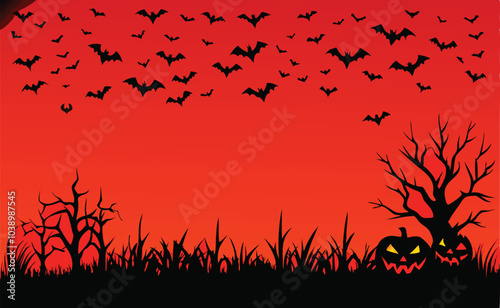 Halloween Bats Fly Over Spooky Trees and Pumpkins
