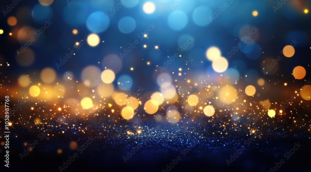 Naklejka premium Abstract glitter background with golden bokeh lights on a dark blue