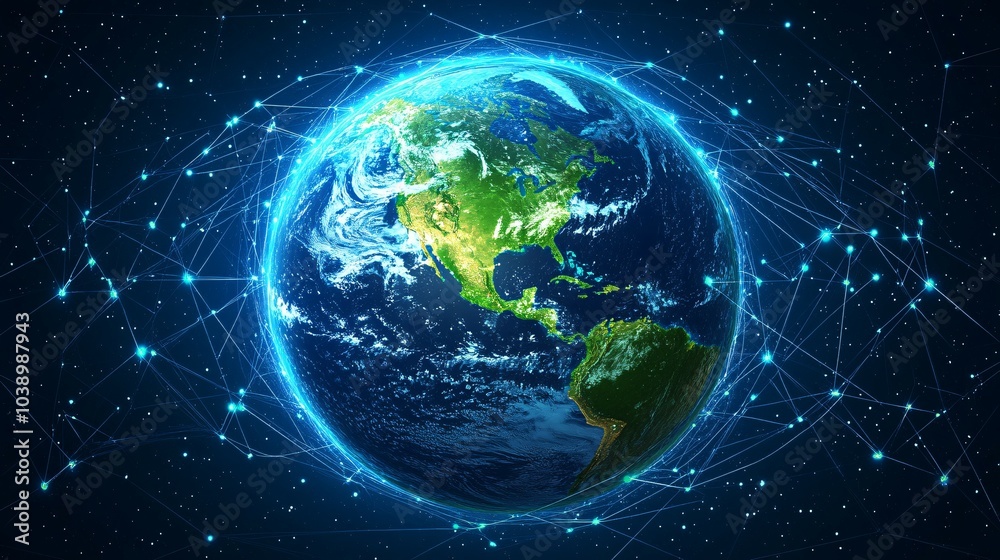 Earth Globe Surrounded by a Network of Interconnected Lines and Nodes Against a Starry Background Earth Globe Surrounded by a Network of Interconnected Lines and Nodes Against a Starry Background