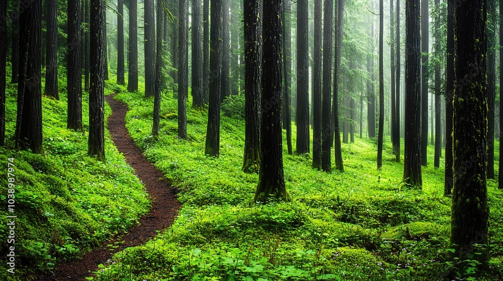 Obraz premium A narrow trail surrounded by towering trees and dense vegetation on either side