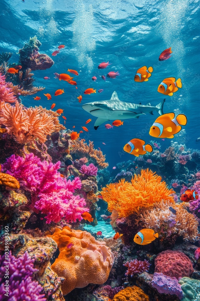 Naklejka premium Vibrant coral reef teeming with colorful fish in clear ocean waters during daylight hours