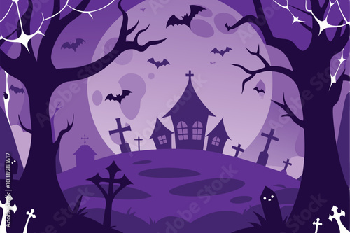 Purple Halloween Night Cemetery Church Bats