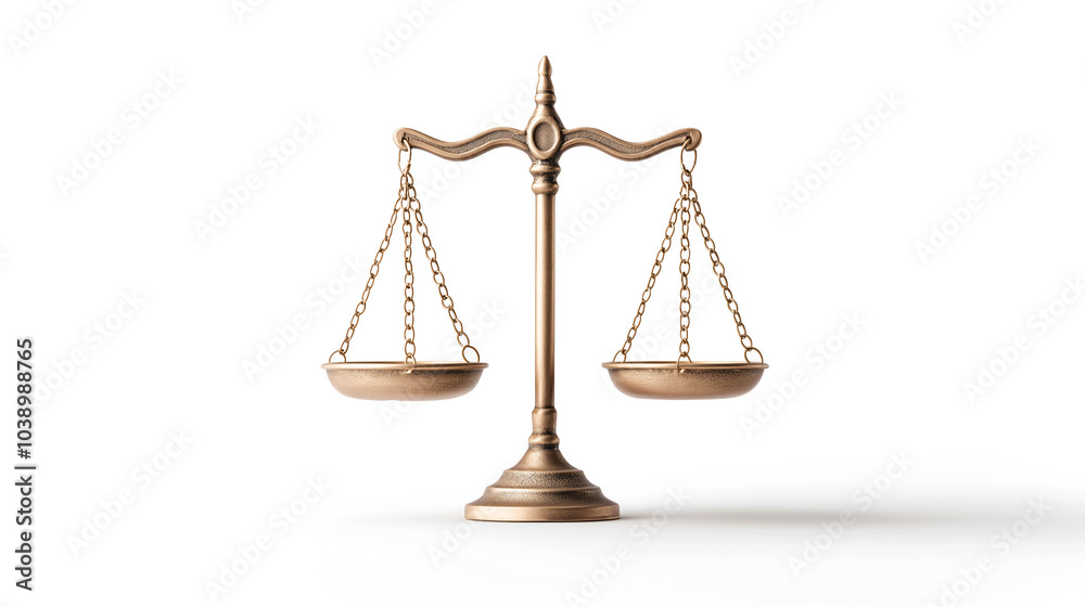 Bronze balance scale on white background symbolizing justice and fairness in legal matters Bronze balance scale on white background symbolizing justice and fairness in legal matters
