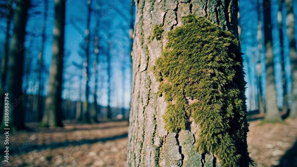 Moss covers a tree trunk in a tranquil forest, surrounded by tall trees under a clear blue sky, creating a serene and natural atmosphere perfect for relaxation. Moss covers a tree trunk in a tranquil forest, surrounded by tall trees under a clear blue sky, creating a serene and natural atmosphere perfect for relaxation.