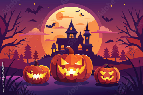 Spooky Halloween Night with JackoLanterns and Haunted House