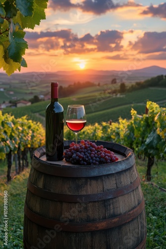 Sunset Vineyard with Wine Bottle and Glass with a blurred background
