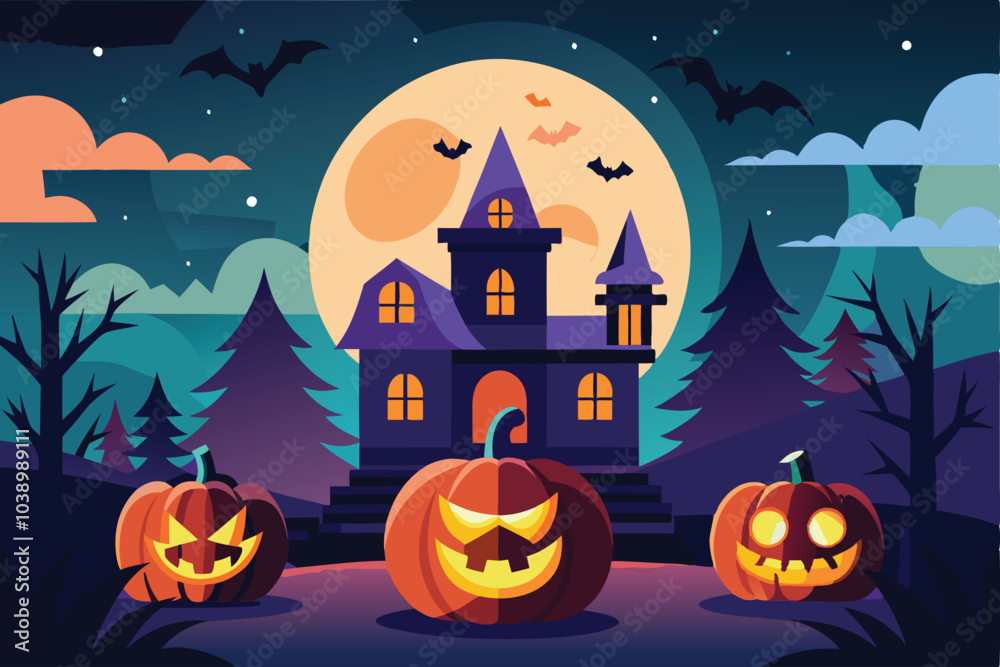 Haunted House Halloween Night Bats Pumpkins Scary Haunted House Halloween Night Bats Pumpkins Scary