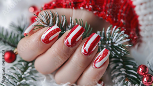 Xmas and New Year's celebration concept. Professional woman's manicure fingernails with striped green and red colored nail polish with seasonal Christmas themed design