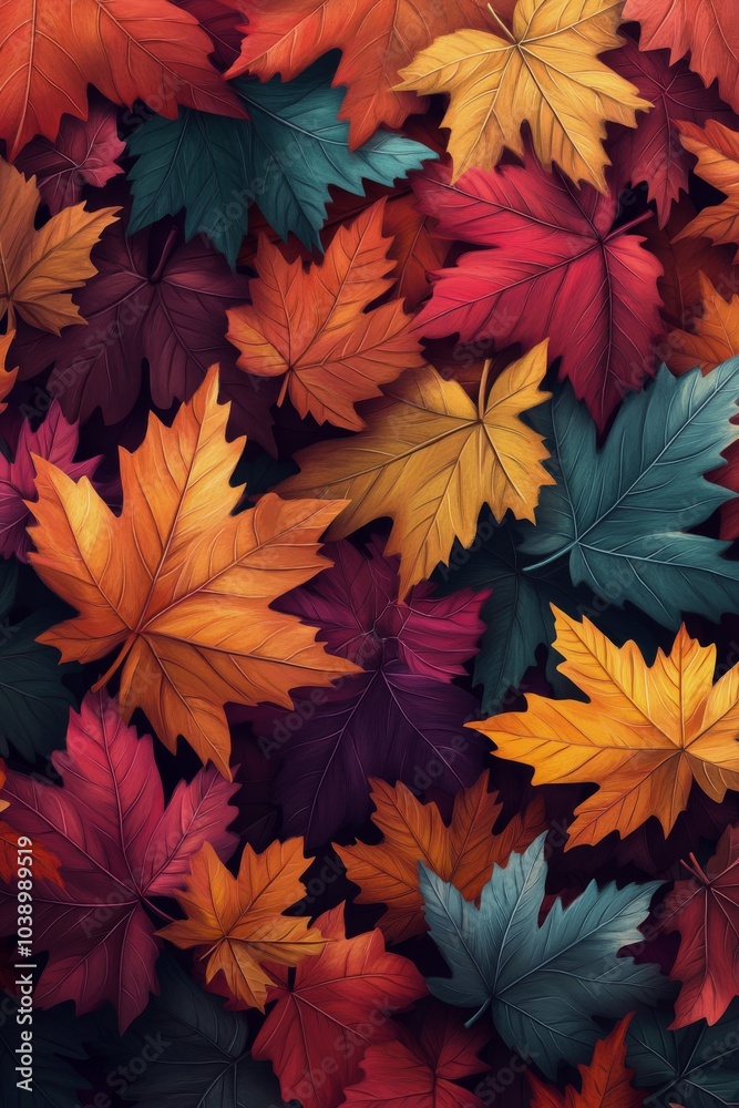 Vibrant autumn leaves in a rich palette of colors on the forest floor during the fall season
