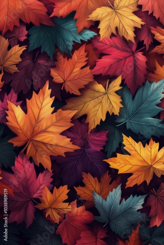 Vibrant autumn leaves in a rich palette of colors on the forest floor during the fall season