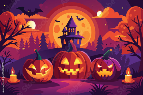 Spooky Halloween Night with JackOLanterns and Haunted House