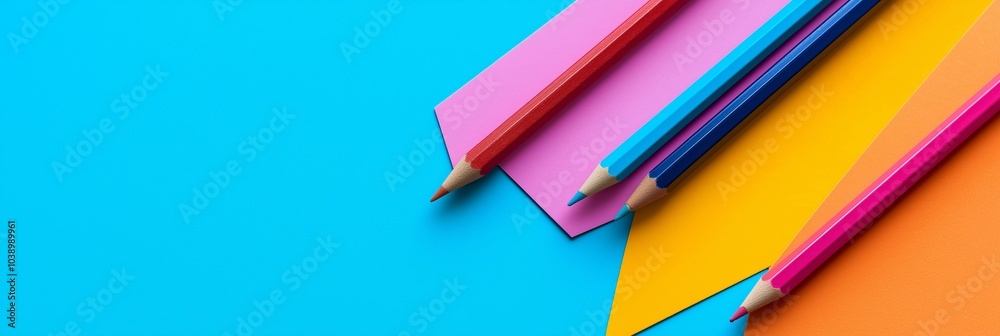 Pencils in various colors laid out on geometrically shaped paper, conveying creativity and education themes.