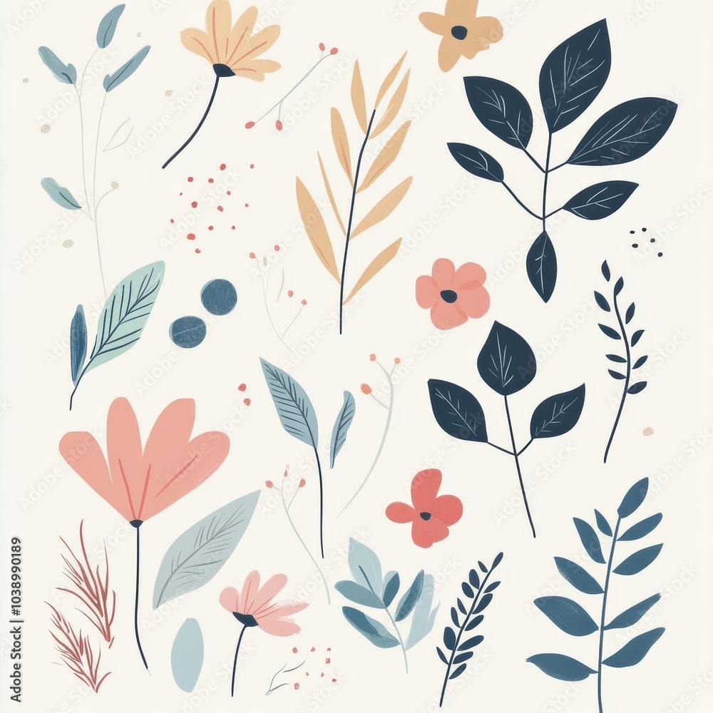 Delicate doodles showcase an array of leaves and flowers, highlighting soft colors that evoke a serene and natural ambiance. Generative AI Delicate doodles showcase an array of leaves and flowers, highlighting soft colors that evoke a serene and natural ambiance. Generative AI