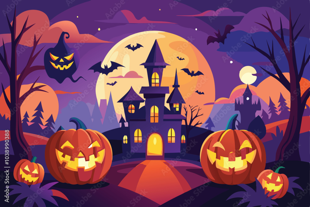 Halloween Night Haunted Castle with Pumpkins Halloween Night Haunted Castle with Pumpkins