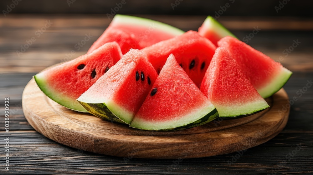 Close-Up of Juicy Watermelon Slices Arranged on a Wooden Platter Close-Up of Juicy Watermelon Slices Arranged on a Wooden Platter
