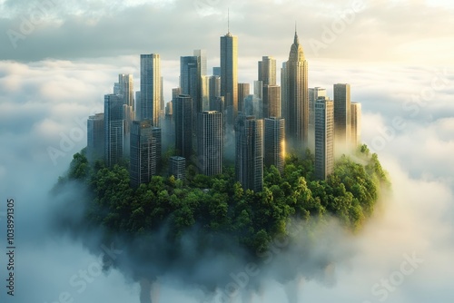 A futuristic city rising above the clouds, surrounded by lush greenery at dawn photo