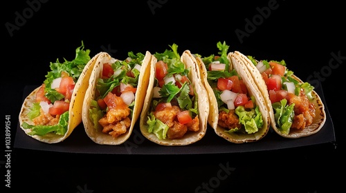 Tasty tacos on a black plate and black background.