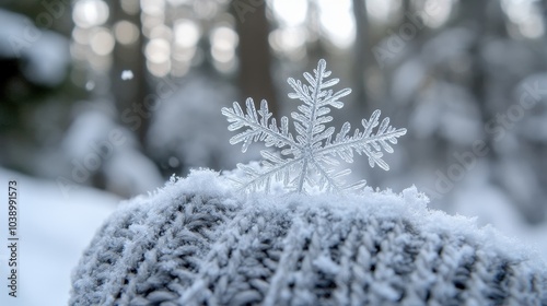 Intricate Snowflake Resting on Knit Glove in Serene Winter Forest Setting