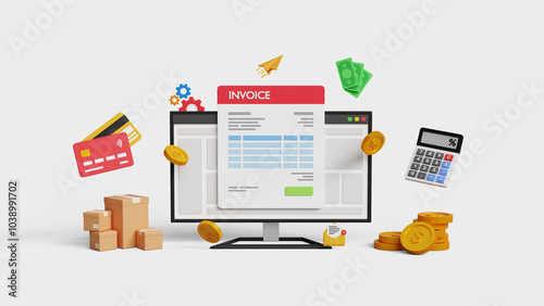 Digital invoice form. Accounting and finance audit, calculate budget. Business invoice, online transaction, payment or tax calculation. 3D computer with invoice receipt and icons