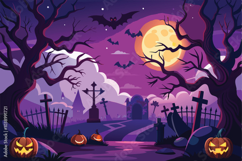 Haunted Halloween Night Cemetery Graveyard Spooky Bats