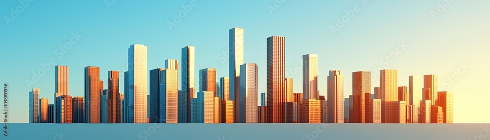 Fototapeta premium A stunning skyline showcasing modern skyscrapers against a clear blue sky during sunset.