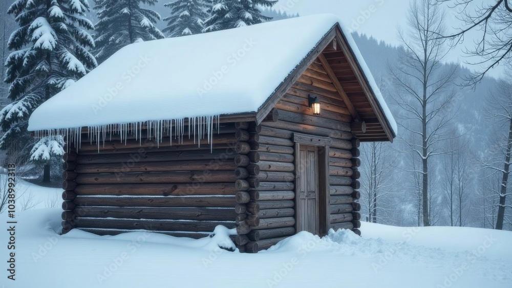 Cozy snow-covered log cabin in winter forest wonderland