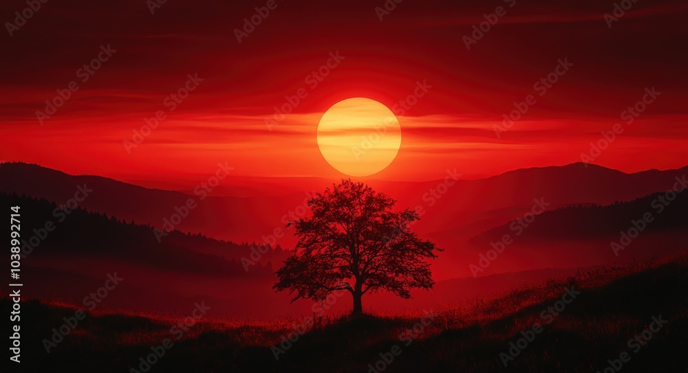 Vibrant sunset over mountains silhouette with a solitary tree in the foreground Vibrant sunset over mountains silhouette with a solitary tree in the foreground